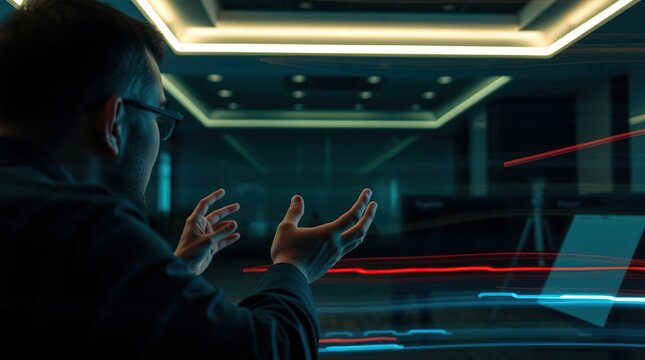 Man in glasses with arms outstretched, observing projected data in a tech-filled room