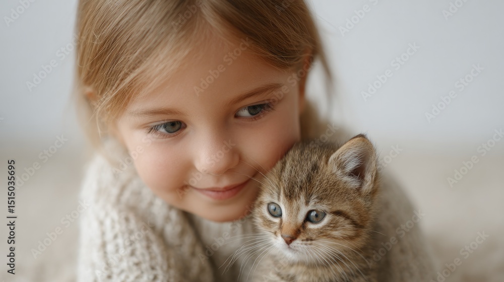 Poster toddler gently hugs fluffy kitten on soft carpet minimalistic setup with ample copy space above