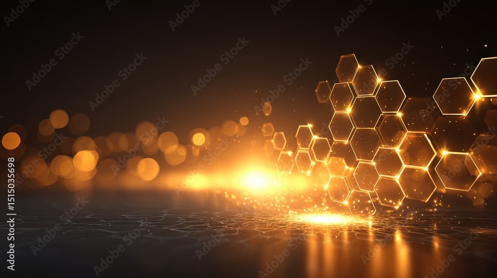 Poster glowing hexagons and golden bokeh lights create a futuristic, high-tech abstract background with a w