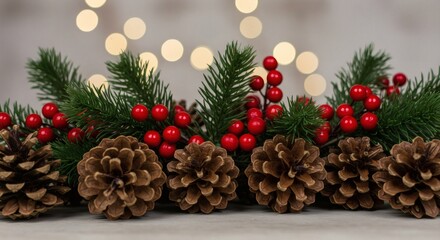 Christmas Centerpiece with Pine, Red Berries, and Green Branch Holiday Table Decor 