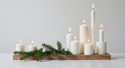 Minimalist Scandinavian Christmas Interior with White Candles, Greenery, and Wooden Accents Home Decor