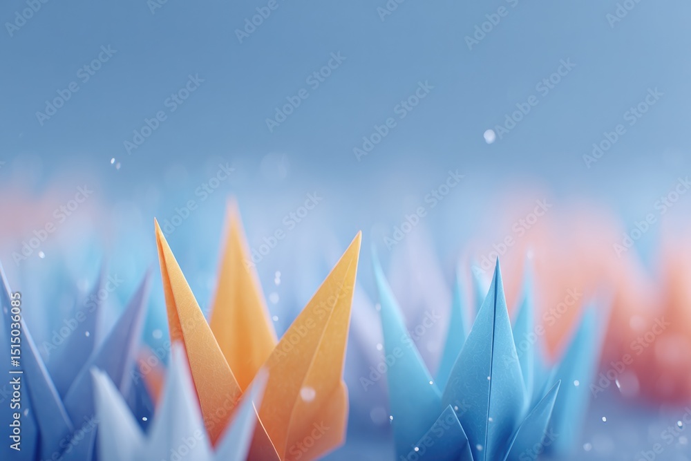Aufkleber array of origami paper cranes in various artistic styles with abundant copy space