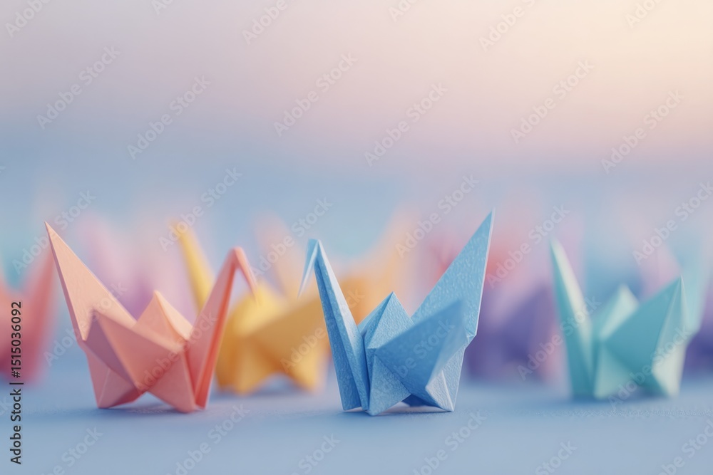 Aufkleber array of origami paper cranes in various artistic styles with abundant copy space