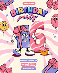 happy birthday party vector template with cartoon groovy character gift box with bow and number 6 years