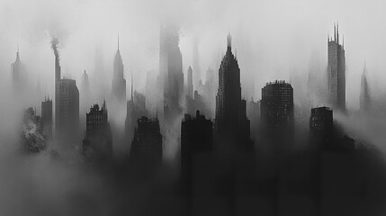 Obraz premium black and white silhouette of city skyline shrouded in fog, evoking mystery and intrigue