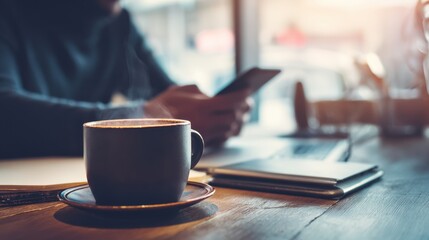 A steaming cup of coffee sits on a wooden table beside a laptop, with a person using a smartphone in a cozy cafe setting.