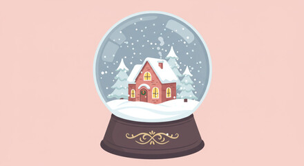 Cute Winter Snow Globe Vector Pastel Illustration with House and Snow Digital Art Creative Design