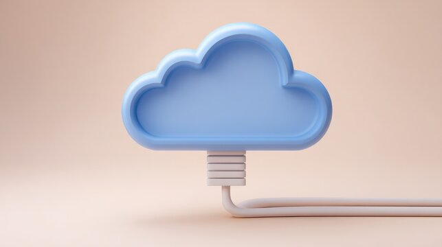 A blue cloud-shaped object with a cable attached, symbolizing cloud computing and data connection on a neutral background.