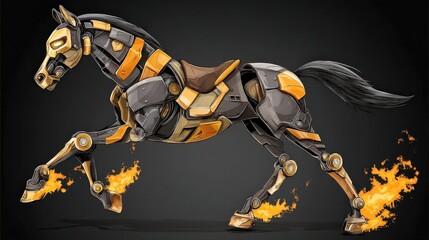 Futuristic Mechanical Horse with Flame Effects in Sleek Metallic Design