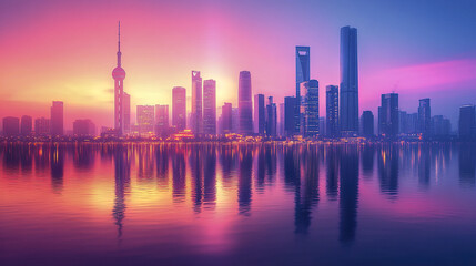 Fototapeta premium vibrant urban skyline at sunset, reflecting on water, creates stunning visual experience