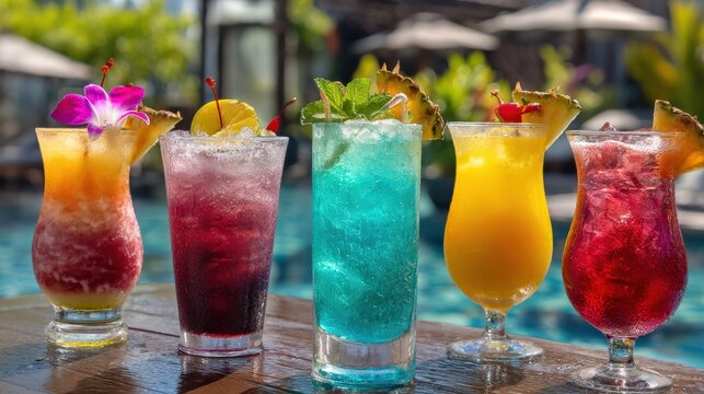 Colorful tropical cocktails with fruit garnishes on a table by a pool, perfect for a refreshing summer drink.