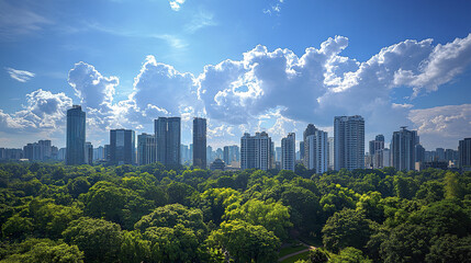 panoramic view of modern city skyline with skyscrapers and lush greenery under bright sky