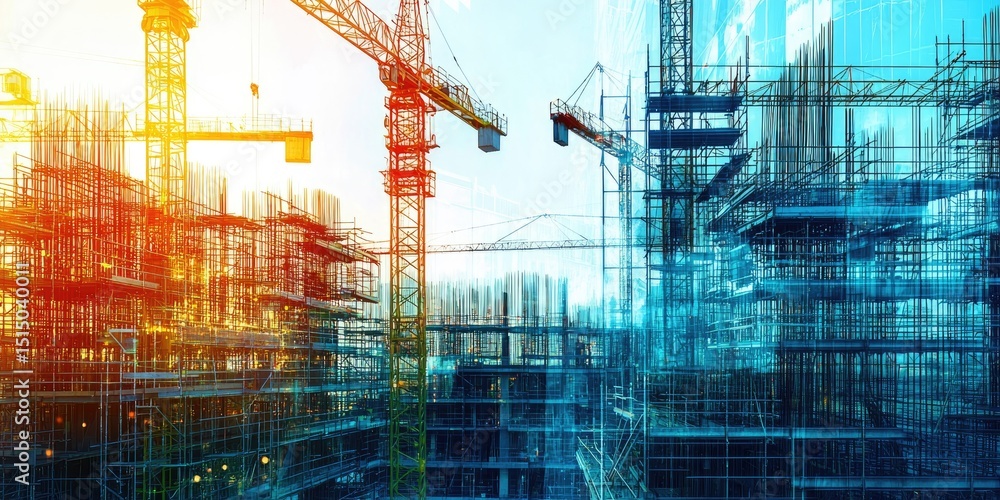 Aufkleber A double exposure of a construction site and digital network lines, symbolizing the impact of data and technology on modern engineering and architecture
