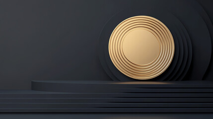 Fototapeta premium A modern abstract backdrop featuring circular patterns and a gold plate against a dark background, perfect for creative designs.