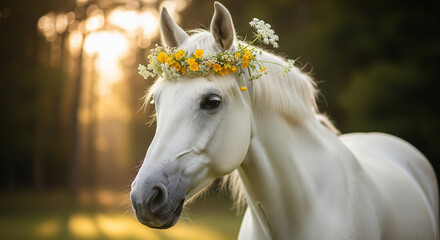 White Horse with Flower Crown in Forest Glow