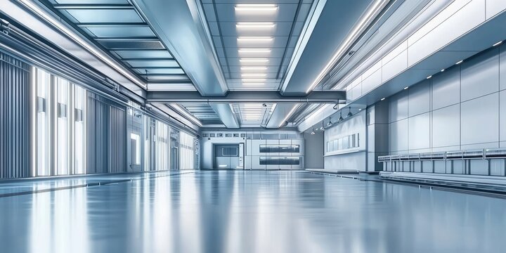 A futuristic industrial design featuring sleek, minimalist shapes and digital elements, emphasizing connectivity and efficiency in modern manufacturing. The design is cen