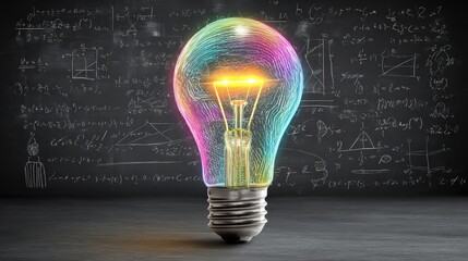 A colorful glowing light bulb stands before a chalkboard covered in mathematical equations and scientific diagrams.
