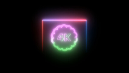 Neon 4K Ultra High Definition Symbol with Vibrant Colors on a Dark Background