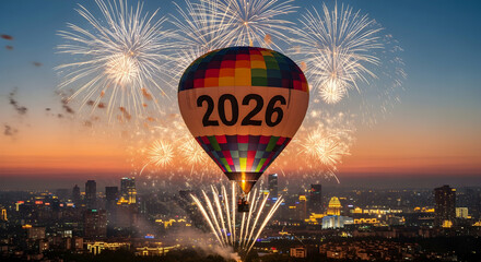 2026 New Years Eve Fireworks Celebration Hot Air Balloon Ascent over Cityscape