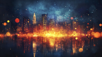 Fototapeta premium vibrant city skyline at night, illuminated by colorful lights and reflections