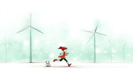 Girl Running with Dog Among Wind Turbines in Dreamy Landscape