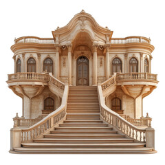 Obraz premium Elegant historical mansion with grand staircase and ornate architecture viewed from the front