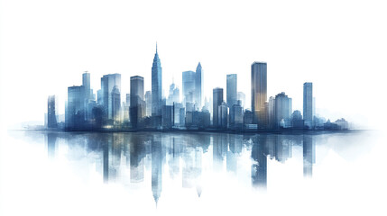 Obraz premium modern city skyline with reflective surface, showcasing tall buildings and serene atmosphere