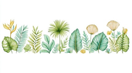 Naklejka premium Vibrant Tropical Leaves and Flowers Border with Green and Yellow Elements for Decorative Use