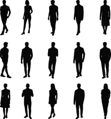 Silhouette of men and women standing in different poses, isolated on white background, vector art for design and creative projects.