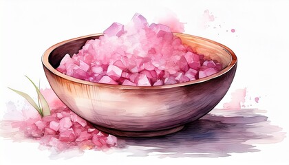 watercolor style bowl filled with pink spa crystals on white background