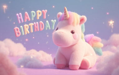 fluffy unicorn with "happy birthday" text, adorable 3d illustration, ideal for children's birthday greeting cards, party invitations, or social media celebration posts