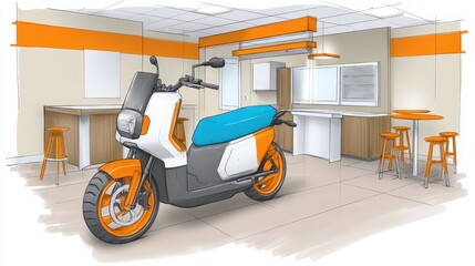 Modern Electric Scooter in Bright Interior with Orange Accents in Contemporary Space