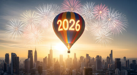 2026 New Years Eve Hot Air Balloon over City Skyline