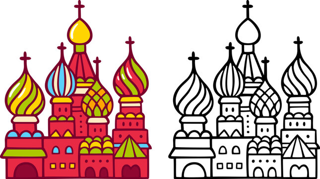 Russia symbol, Saint Basil cathedral. Moscow Kremlin church on Red Square. Hand drawn doodle, cute cartoon vector illustration. Color icon and black line art.