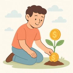 Planting Wealth – Cute Cartoon of Boy Growing Money as a Financial Concept