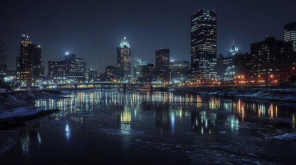 Obraz premium stunning night skyline view of city reflecting river, showcasing vibrant lights and buildings