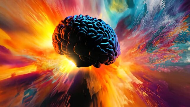 Abstract 3D human brain in fire with a floral pattern design and sun-like light ornament