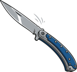 A blue and grey folding knife with a metallic blade depicted in a cartoonish style