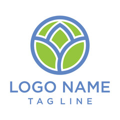 Abstract floral logo with green petal-like shapes inside a blue circle. Represents nature, growth, and organic concepts. Suitable for wellness, beauty, or eco-friendly businesses.