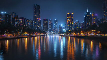Fototapeta premium vibrant city skyline at night, reflecting lights on water surface, creates stunning view