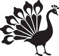 Peacock Silhouette Side Profile with Open Tail Feathers in Fan Shape Flat Black Vector