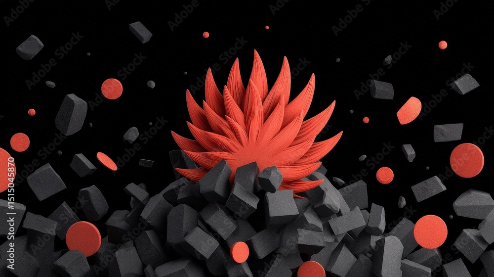 Aufkleber abstract red flower emerging from dark stones with floating circles in a stunning visual display