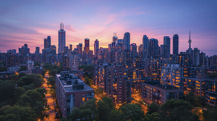 Obraz premium stunning city skyline at dusk, showcasing high rise buildings and vibrant lights