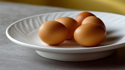 Brown eggs on a white plate, a study in simplicity and natural beauty.