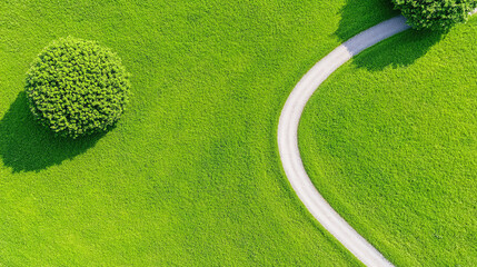 A vibrant aerial view of a lush green landscape featuring a winding path and a solitary tree, perfect for nature-themed projects.