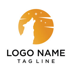 Orange moon logo featuring a silhouette of a howling wolf and stars. Represents nature, wilderness, and the night. Ideal for outdoor, animal, or mystical brands.