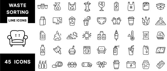Waste Sorting Line Icons Set Featuring Garbage Types, Recycling Categories, Hazardous Waste, Food Scraps, Batteries, Diapers, Electronics, and Household Trash