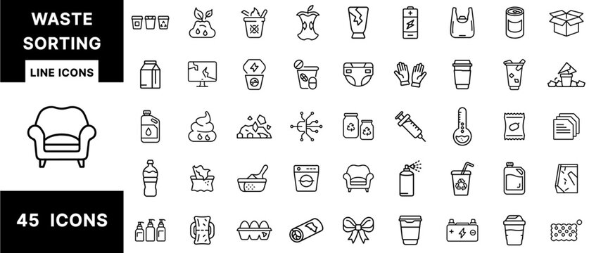 Waste Sorting Line Icons Set Featuring Garbage Types, Recycling Categories, Hazardous Waste, Food Scraps, Batteries, Diapers, Electronics, and Household Trash