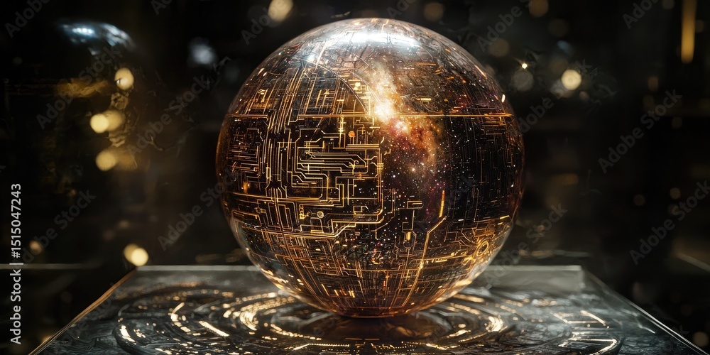Aufkleber A detailed look at a futuristic orb, mirroring a galaxy, with intricate circuitry etched on its surface, merging technology with cosmic wonder.
