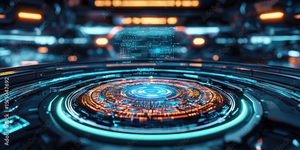 Poster a futuristic ai system with glowing neon interfaces, holographic displays, and intricate cyberpunk d